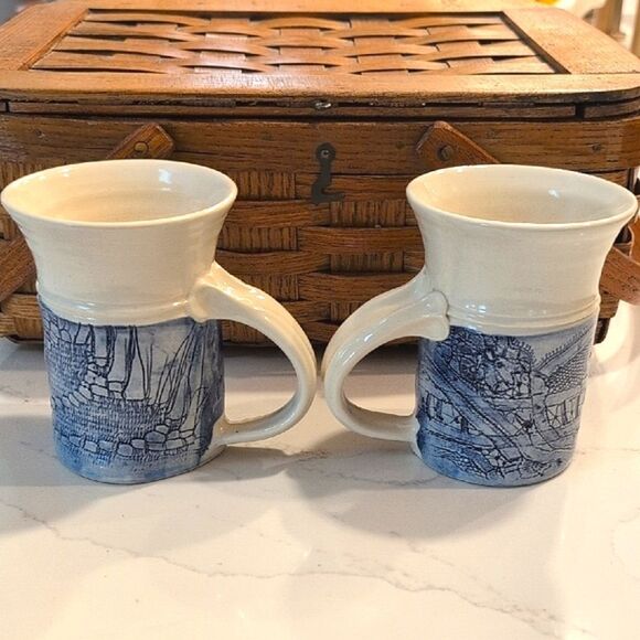 Hand Crafted Blue and Cream Art Pottery Coffee Cups Vintage Tea Mugs Set of 2 - Picture 4 of 12